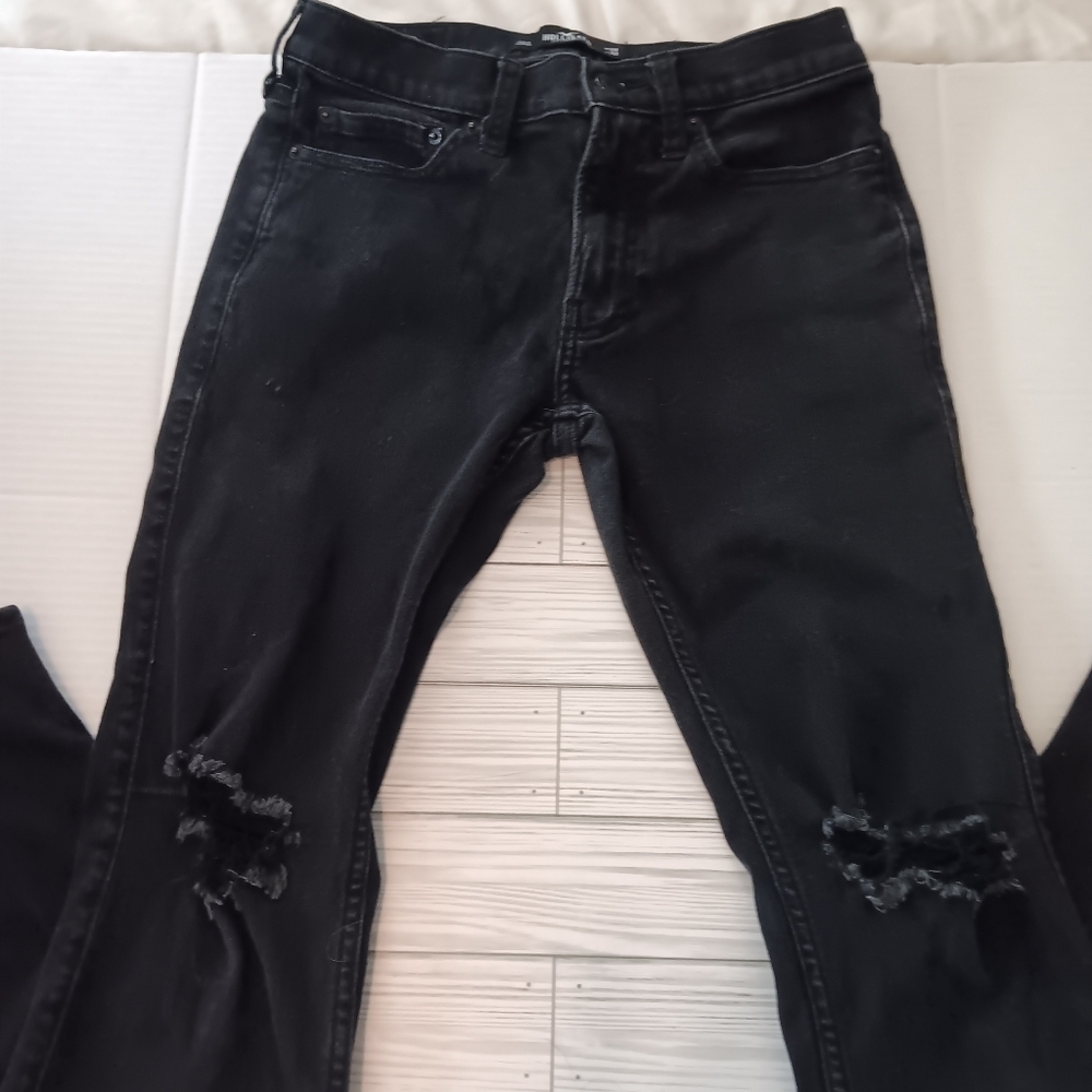 Hollister California Black Skinny Stretch Jeans 33x32 Blown Out Knees Grunge